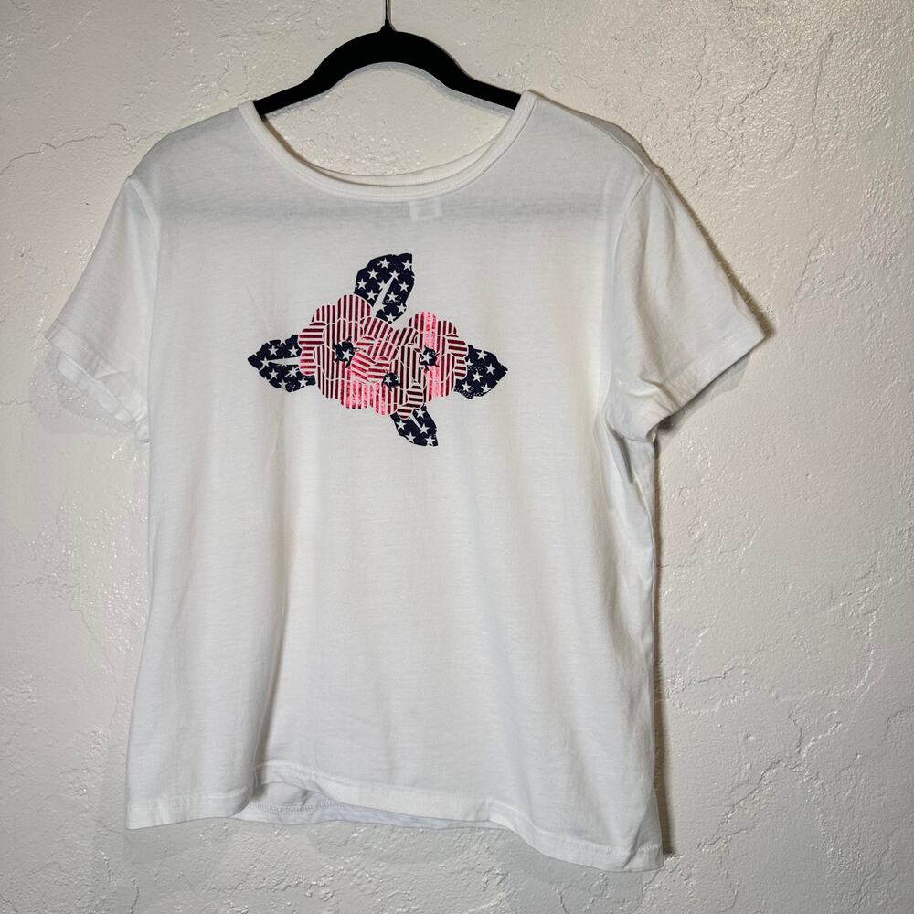 Vintage White T-Shirt Patriotic Ladies Large 100% Cotton Stripes Stars Metallic